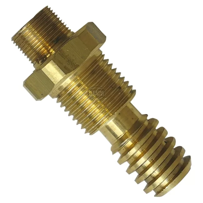 The Futurmat TAP FITTING is a brass hose adapter featuring a hex nut, external threads on both ends, and a ridged section for hose attachment, designed for plumbing or fluid transfer connections. © 2025 1st-line.com