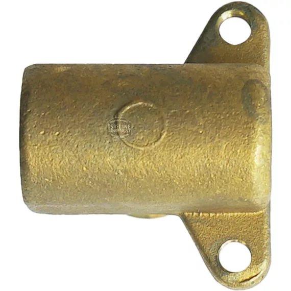 The Futurmat UPPER LEVEL BODY is a brass cylindrical pipe fitting with a closed end and two flat mounting tabs, each featuring a circular hole for screws. It has a textured, unfinished surface typical of Futurmat parts assemblies. © 2025 1st-line.com