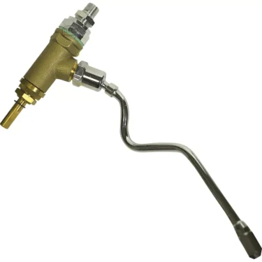 The LA PAVONI P1/P3 COMPLETE STEAM/WATER TAP is a brass and metal blowtorch-style attachment with a curved nozzle and threaded connectors, ideal for industrial or plumbing applications. © 2025 1st-line.com