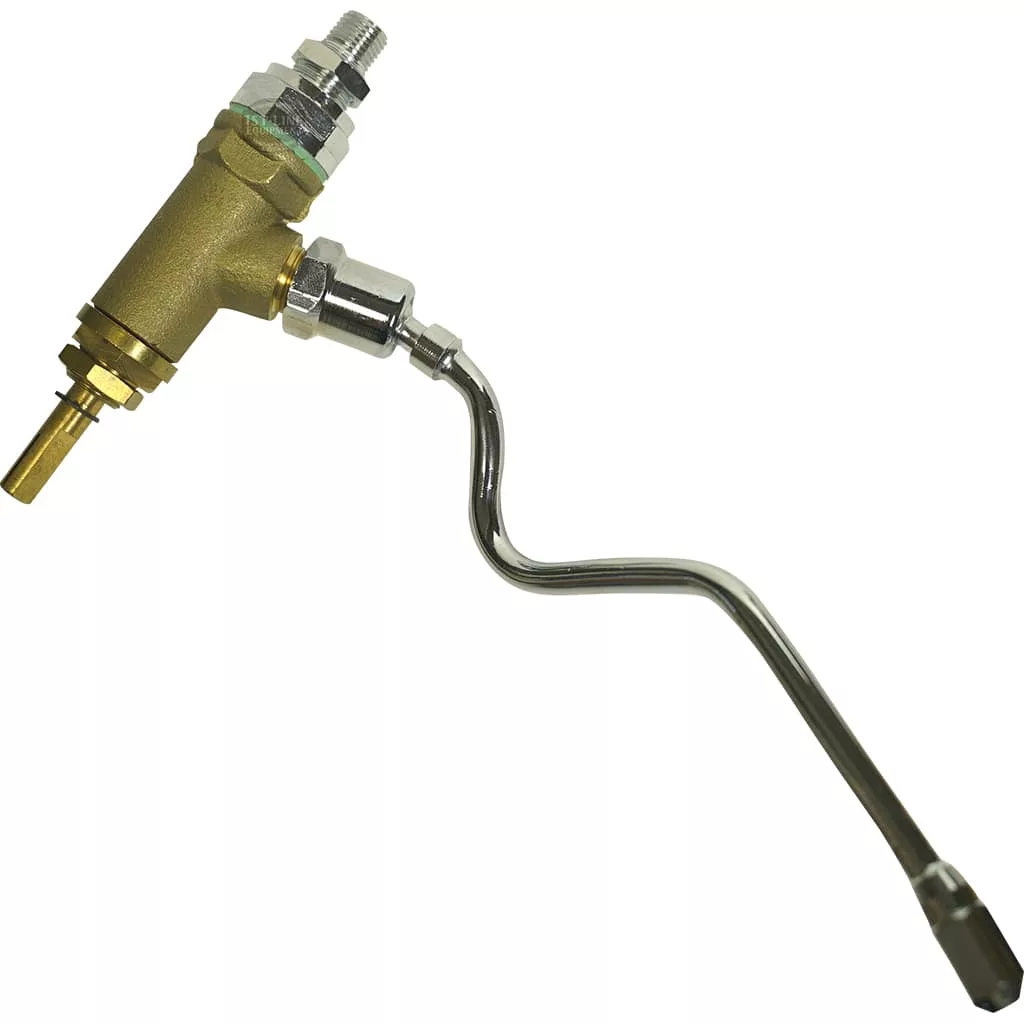 The LA PAVONI P1/P3 COMPLETE STEAM/WATER TAP is a brass and metal blowtorch-style attachment with a curved nozzle and threaded connectors, ideal for industrial or plumbing applications. © 2025 1st-line.com