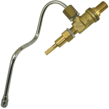 The La Spaziale LEFT STEAM TAP is a brass and steel valve with a curved metal tube and threaded fittings, designed to control gas flow in welding or soldering tasks. © 2025 1st-line.com