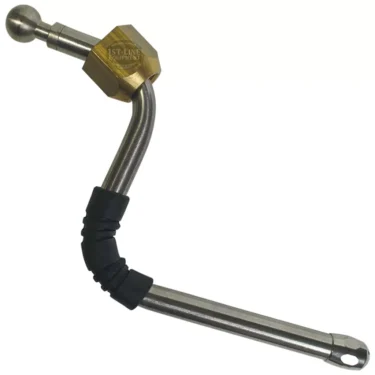 The La Spaziale STAINLESS STEEL STEAM PIPE features a curved stainless steel body, brass joint, and black rubber grips, designed for La Spaziale espresso machines. Shown isolated on a white background. © 2025 1st-line.com