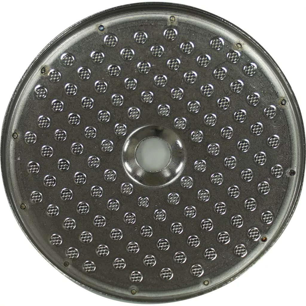The Nuova Simonelli 57mm GROUP SHOWER SCREEN is a round metal screen with a central hole, evenly spaced raised circles, a shiny surface, and small screws around the outer edge. Designed for use with 57mm groups. © 2025 1st-line.com