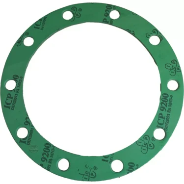 The Nuova Simonelli BOILER GASKET 200x150x2mm is a green, circular gasket with multiple evenly spaced bolt holes and black printed markings, designed for use with Nuova Simonelli equipment. © 2025 1st-line.com