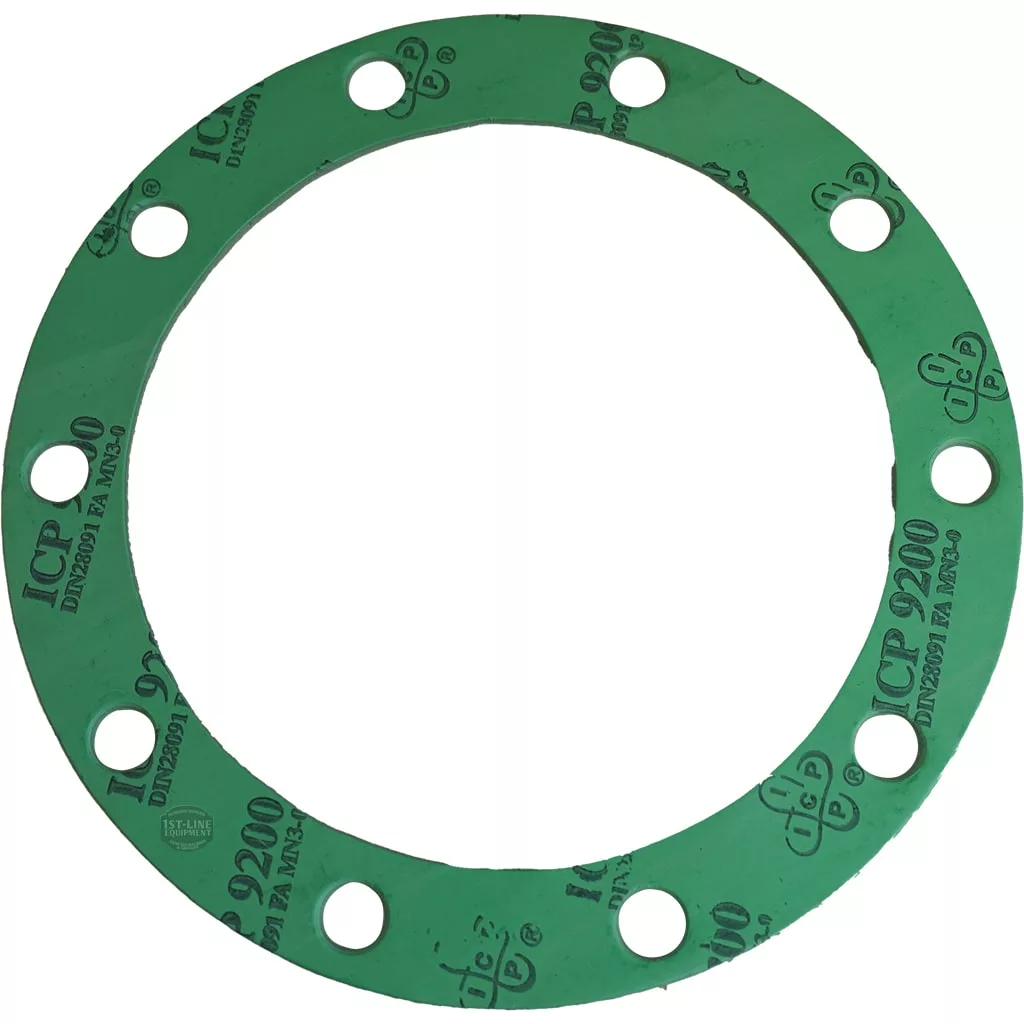 The Nuova Simonelli BOILER GASKET 200x150x2mm is a green, circular gasket with multiple evenly spaced bolt holes and black printed markings, designed for use with Nuova Simonelli equipment. © 2025 1st-line.com