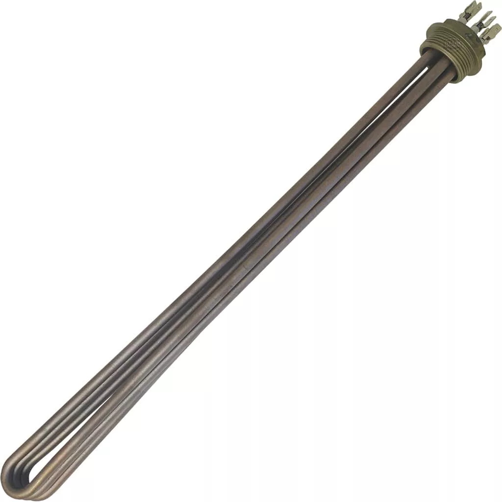 The PAVONI HEATING ELEMENT 3GR. 6000W 230V features a metal tubular body with a threaded base and connectors, making it ideal for efficient liquid heating in tanks or appliances. © 2025 1st-line.com