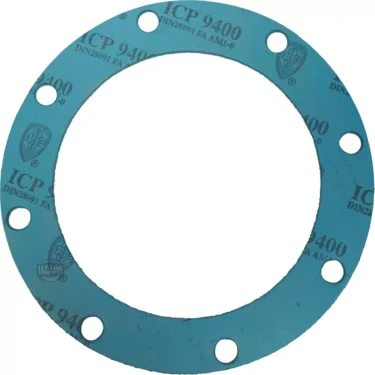 The Rancilio ALIMENTARY BOILER GASKET 175x123x2mm is a blue circular gasket with a large center hole and eight evenly spaced edge holes, marked with ICP 9400, designed for use in Rancilio machines. © 2025 1st-line.com