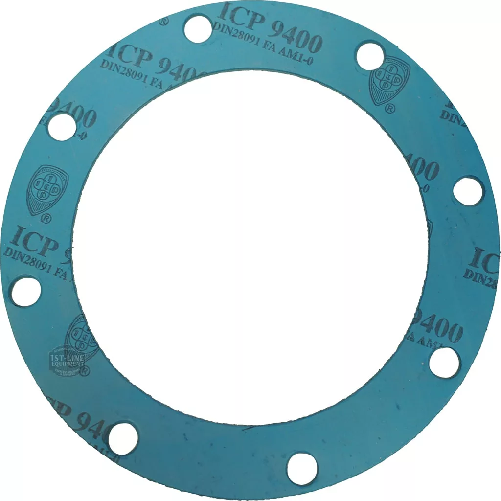 The Rancilio ALIMENTARY BOILER GASKET 175x123x2mm is a blue circular gasket with a large center hole and eight evenly spaced edge holes, marked with ICP 9400, designed for use in Rancilio machines. © 2025 1st-line.com