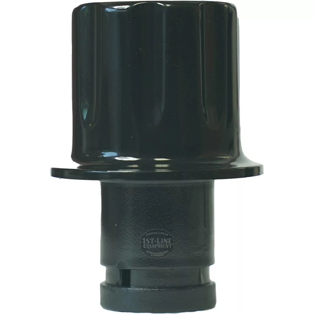 The Rancilio Steam Handle is a black, cylindrical plastic tamper tool with a wide top flange and ribbed grip, designed for packing espresso grounds in a portafilter. © 2025 1st-line.com