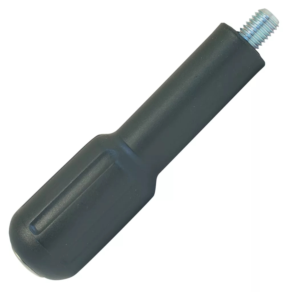 The V.3561 FILTERHOLDER HANDLE M-12 is a black cylindrical plastic handle with a metal M-12 threaded stud for attaching to tools or machinery as a replacement handle. © 2025 1st-line.com