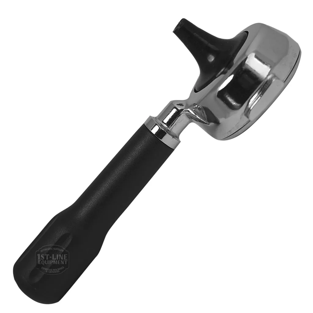 The V.6144 CAPSULE FILTER HOLDER - Universal Part, featuring a chrome finish and black handle, is angled on a white background and serves as a versatile capsule filter holder for your coffee setup. © 2025 1st-line.com