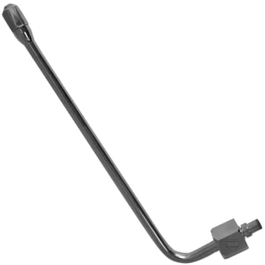 The VBM MODERN STEAM OUTLET PIPE is a chrome-plated, L-shaped extension with a hex fitting and a valve connector—perfect for inflating hard-to-reach tires, similar to those found on VBM machines. © 2025 1st-line.com