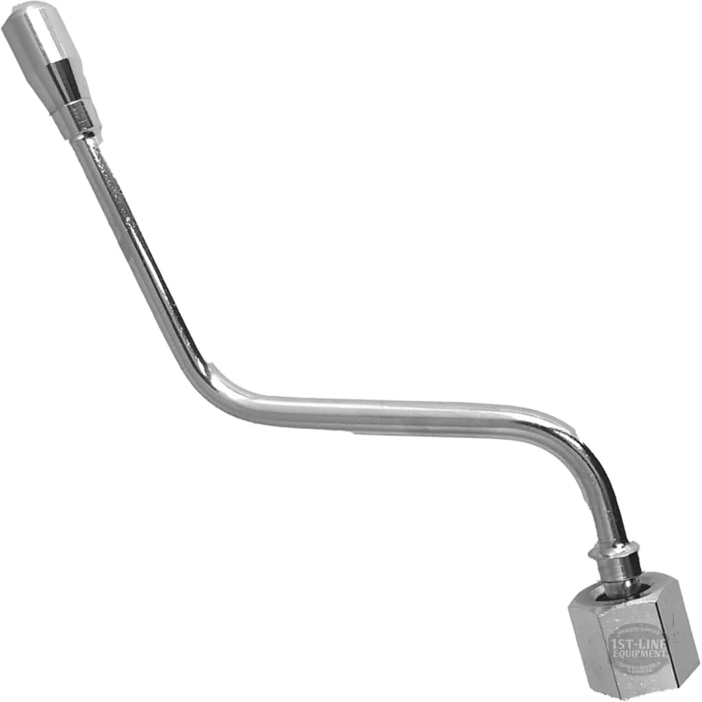 The VBM STEAM PIPE WAND is a chrome-plated angled tire inflator with a hexagonal connector and nozzle, built for vehicle tires with durable construction similar to a steam pipe. © 2025 1st-line.com