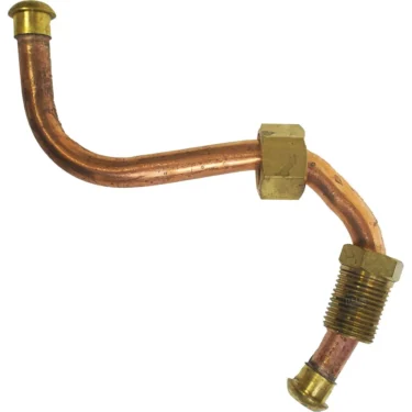 The Wega GROUP LOWER PIPE is a bent copper pipe with brass fittings, including a nut and threaded connector at both ends. Its L-shaped design makes it ideal for plumbing or mechanical connections. © 2025 1st-line.com