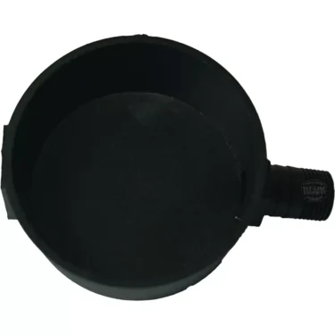 The WEGA MODERN DRAIN TRAY is a black, circular plastic part with an open top and threaded side connector, shown from above on a white background. © 2025 1st-line.com