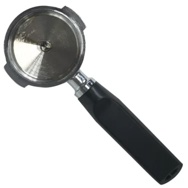 A Futurmat 2 CUP NEW ARIETE / RIMINI FILTERHOLDER portafilter with a black handle, seen from above and isolated on a white background. © 2025 1st-line.com