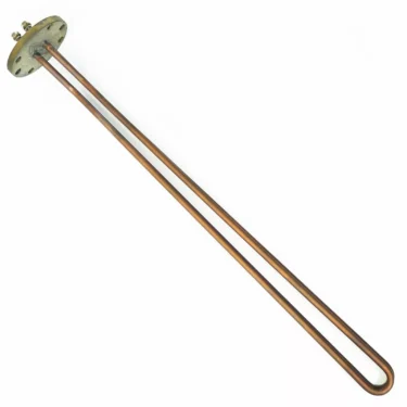 The Spaziale SP.208 HEATING ELEMENT 3 GR 3800W 110V is a metal immersion heater with a flange base and two long copper U-shaped rods, designed for heating water in tanks or boilers. Isolated on a white background. © 2025 1st-line.com