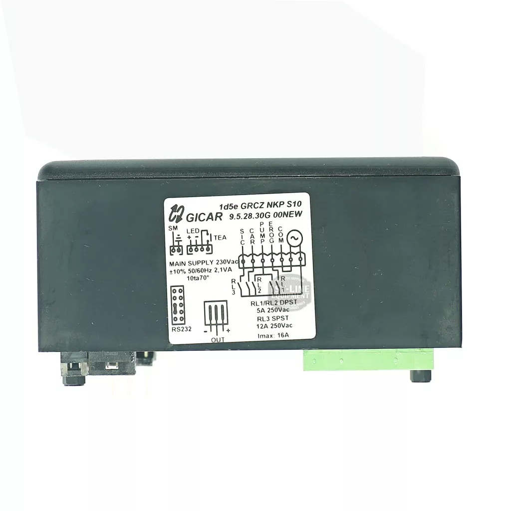 A black Gicar 9.5.28.30G 5 BUTTON TOUCH PAD electronic control unit with a white label showing wiring diagrams, technical specs, and ports for connecting a 5 button or Gicar touch pad; model 14sde GRCZ MKP S10 is noted on the label. © 2025 1st-line.com