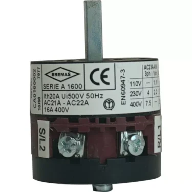 A close-up of a Rancilio 2 POSITION 20a SWITCH, featuring labeled electrical specs and connection terminals on its cylindrical housing, commonly used in Rancilio machines. © 2025 1st-line.com