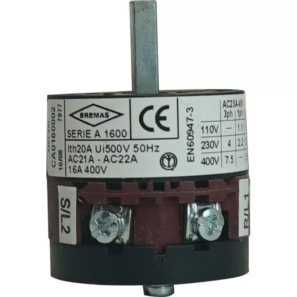 A close-up of a Rancilio 2 POSITION 20a SWITCH, featuring labeled electrical specs and connection terminals on its cylindrical housing, commonly used in Rancilio machines. © 2025 1st-line.com