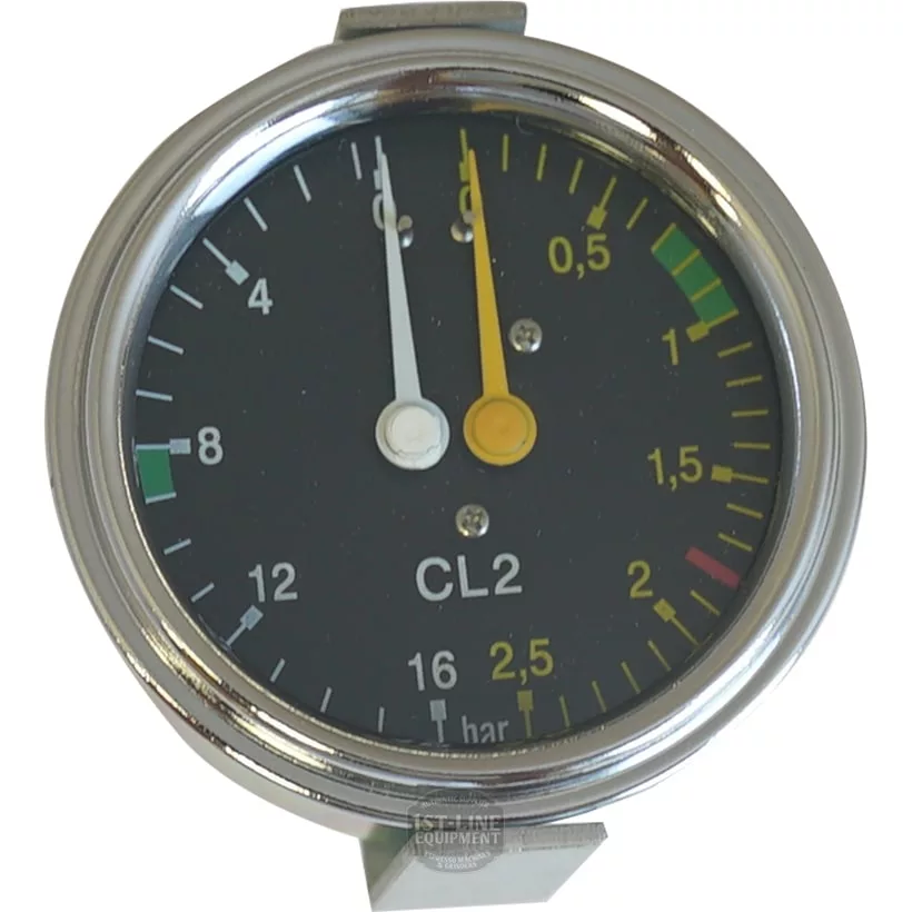 A close-up of the Futurmat DOUBLE MANOMETER for New Ariete / Rimini shows its round, silver-framed gauge with a black face marked CL2, two needles (white and yellow), and bar measurements from 0 to 10. © 2025 1st-line.com