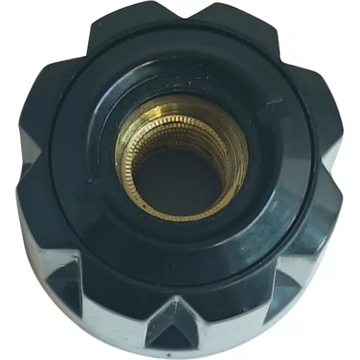 A close-up of the MARZOCCO HANDLE TAP KNOB - STEAM/WATER TAP, featuring a black, round plastic design with a grooved edge and central brass threaded insert, ideal for Marzocco handle assemblies. © 2025 1st-line.com