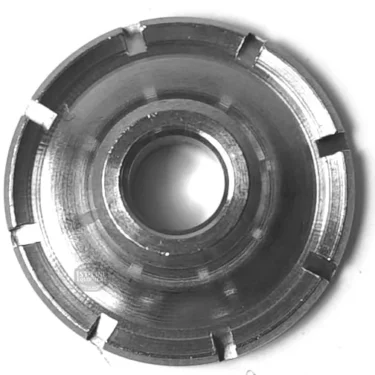 A close-up, top-down view of the round metallic R..402 GROUP SPRAY NOZZLE shows a central hole and evenly spaced notches along its inner rim. © 2025 1st-line.com