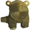 A close-up view of the FAEMA/CIMBALI 150 LITER PUMP - WHOLE ASSEMBLY features a brass mechanical component with two ports, a circular front face, and mounting flanges, likely part of the pump assembly. © 2025 1st-line.com