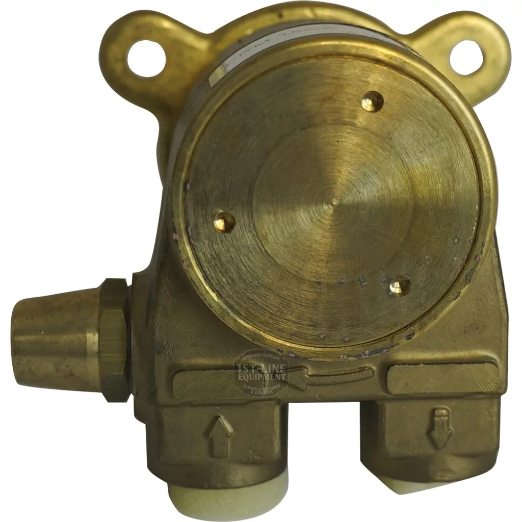 A close-up view of the FAEMA/CIMBALI 150 LITER PUMP - WHOLE ASSEMBLY features a brass mechanical component with two ports, a circular front face, and mounting flanges, likely part of the pump assembly. © 2025 1st-line.com