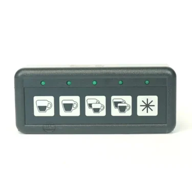 A discontinued GICAR 9.5.27.63G 110V dosing device featuring a rectangular black control panel with five cup/asterisk-icon buttons and five green indicator lights above them. © 2025 1st-line.com