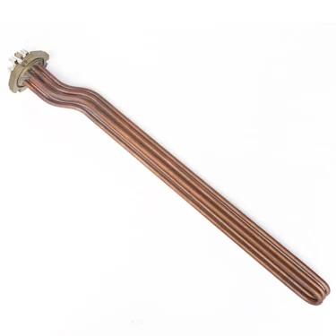 A DISCONTINUED Spaziale SP.202 HEATING ELEMENT 2GR 2800W 110V with a brass flange and parallel copper loops, designed for heating water in tanks or boilers, is displayed against a white background. © 2025 1st-line.com