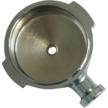 A Faema 12mm FILTERHOLDER BODY stainless steel espresso portafilter basket with a central single hole, viewed from above. © 2025 1st-line.com