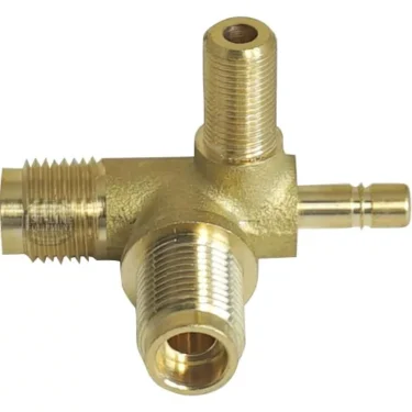 A four-way brass pipe fitting, compatible with the Lelit 2200066 Steam Valve, features multiple threaded and smooth connectors in four directions—ideal for plumbing or precise fluid control applications. © 2025 1st-line.com