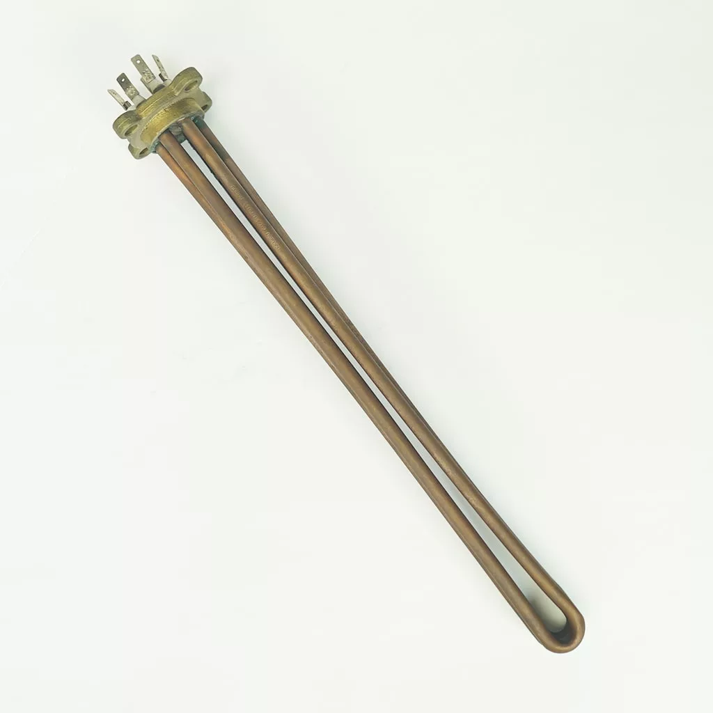 A Gaggia Italia GI.354 HEATING ELEMENT 5000W 110V 3 Group with three prongs and a brass flange, shown against a plain white background. © 2025 1st-line.com