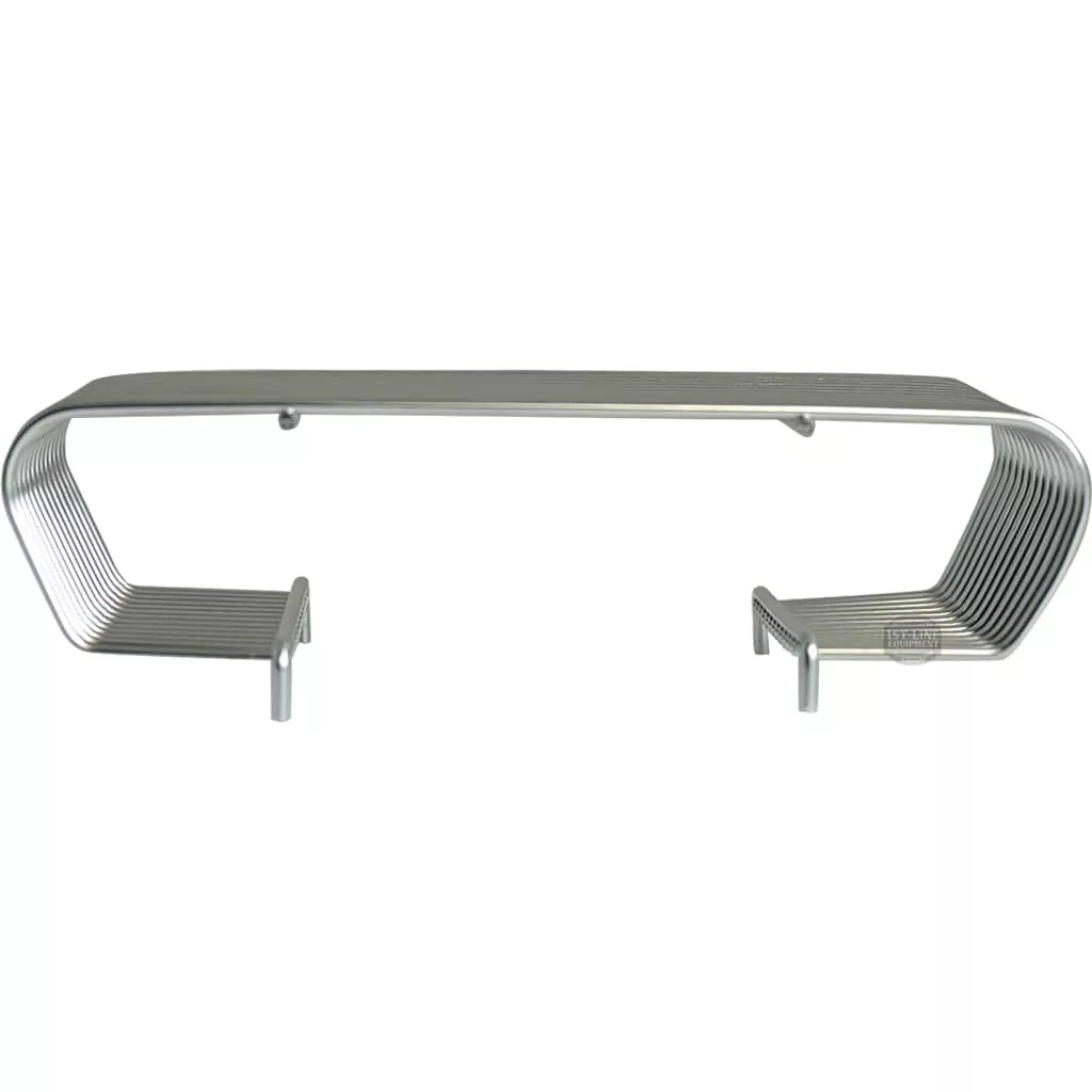 A modern, minimalist metal bench with a flat top and geometric open sides forming angular loop legs in a sleek silver finish—evoking the clean lines of the Lelit 1600038 Drip Tray Riser/Extender. © 2025 1st-line.com