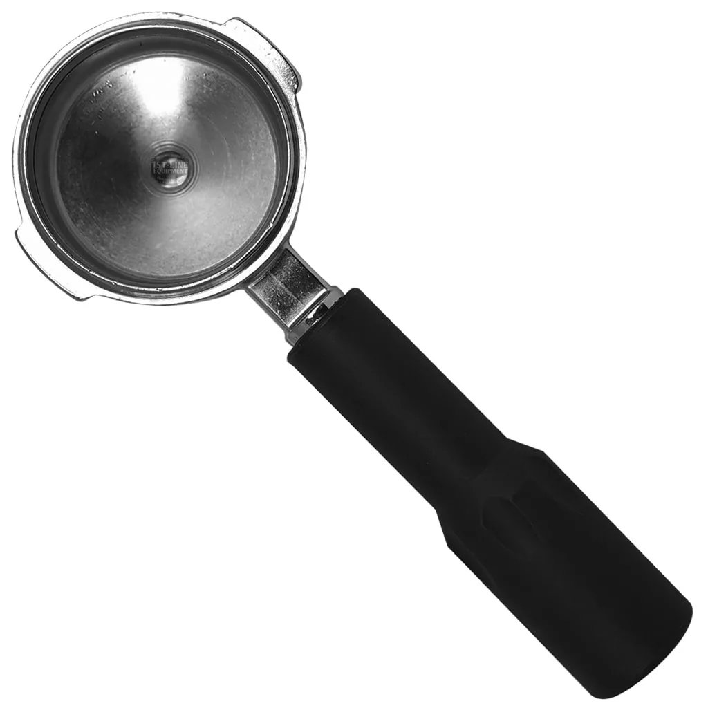 A Racilio 1 COFFEE FILTERHOLDER metal espresso portafilter with a black handle is shown empty on a white background, positioned diagonally with the handle pointing down and to the right. © 2025 1st-line.com