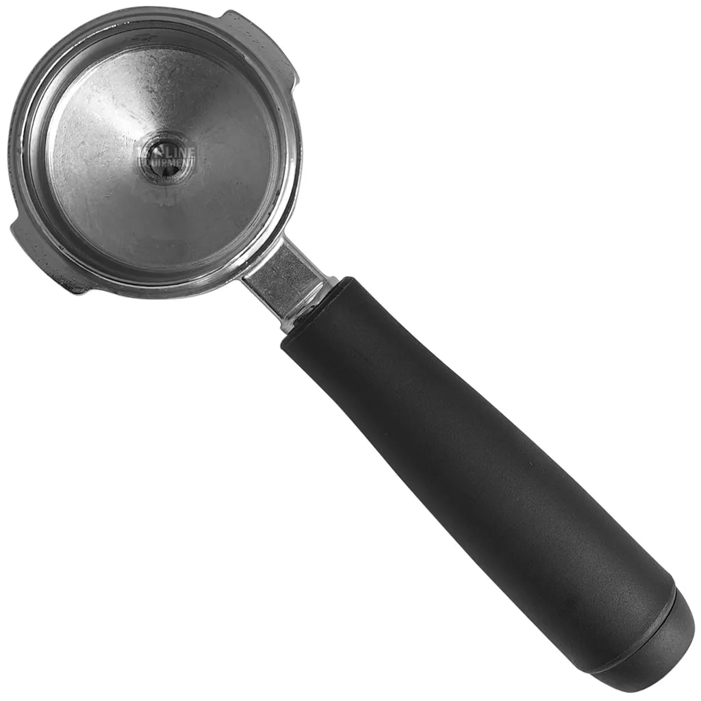 A Rancilio 2 COFFEES FILTERHOLDER with a black handle is shown from above on a white background, displaying its empty circular metal basket. © 2025 1st-line.com