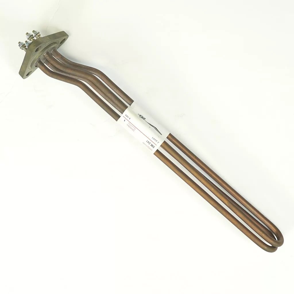 A San Marco SM.241 heating element 2GR 2500W 110V with three long, bent rods and a four-screw mounting flange is photographed on a white background. © 2025 1st-line.com