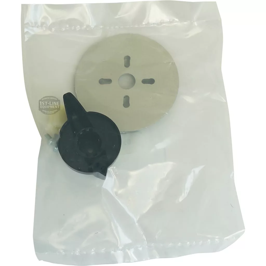 A sealed plastic bag containing a round slotted metal disk and a black handled plastic part, compatible with Rancilio machines—parts for the Rancilio 2 POSITION 20a SWITCH assembly. © 2025 1st-line.com