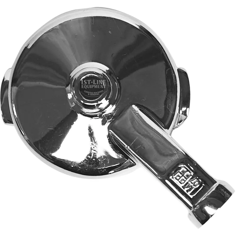 A shiny metal Gaggia FILTERHOLDER BODY with a handle, used for making espresso, is shown from above with 1st-Line Equipment labeled on top. © 2025 1st-line.com