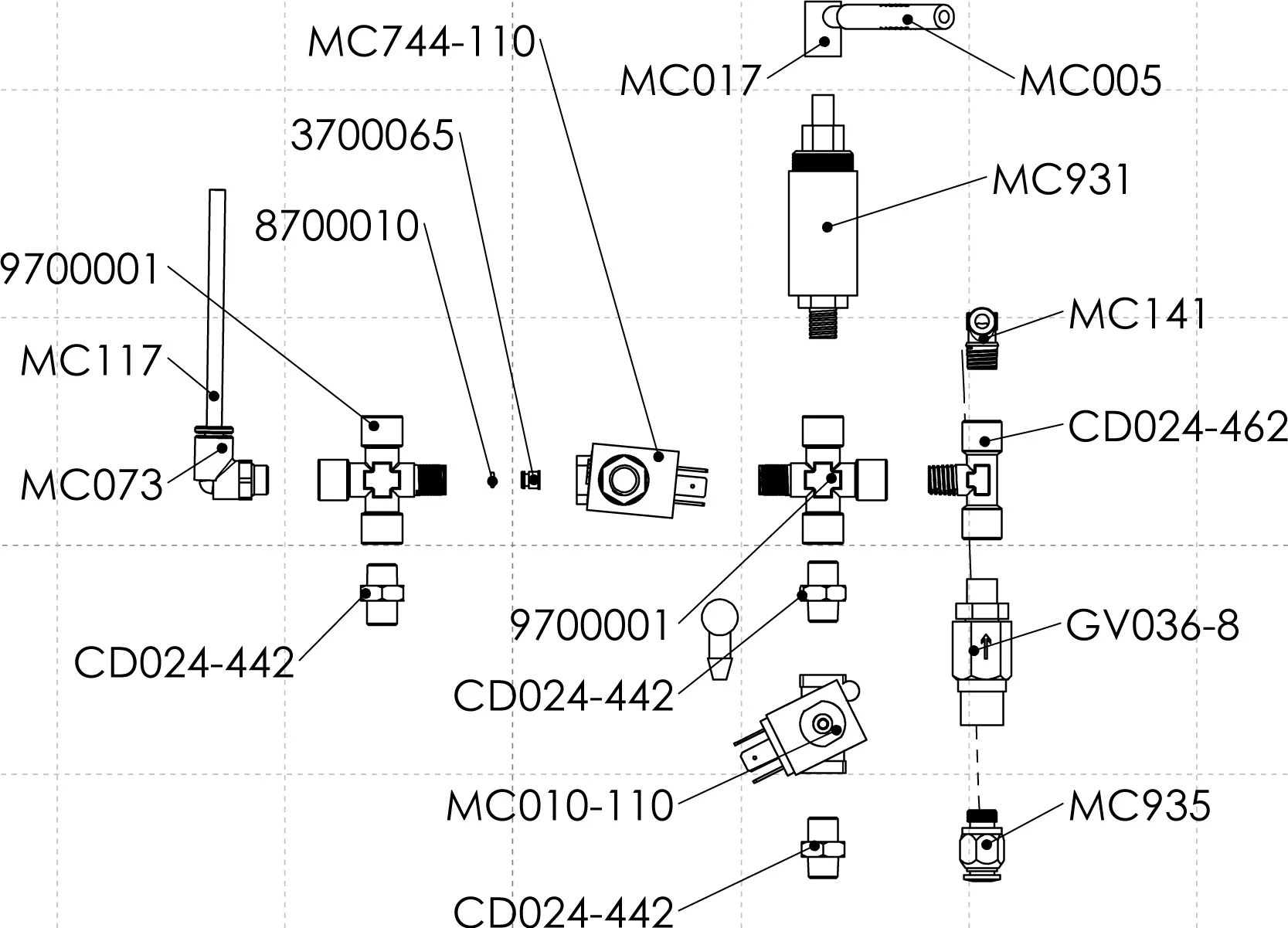A technical diagram showing various labeled mechanical components, connectors, and valves; each part is marked with codes such as MC017, CD024-442, and MC931, with lines pointing to their respective positions on a grid background. © 2025 1st-line.com