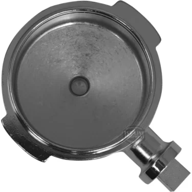 A top-down view of the Futurmat NEW ARIETE FILTERHOLDER BODY portafilter basket, featuring a single central hole and two metal notches on the rim, designed for use in compatible espresso machines. © 2025 1st-line.com