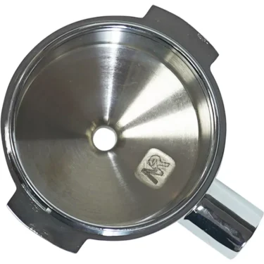 A top-down view of the La Spaziale FILTERHOLDER BODY, a stainless steel espresso portafilter basket with a central hole, reflective surface, and metal handle on the right side, designed for use in La Spaziale coffee machines. © 2025 1st-line.com
