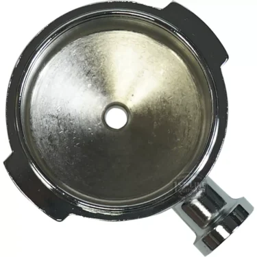 A top view of the Faema 10mm Thread FILTERHOLDER BODY for espresso machines, featuring a circular metal design with a central hole and two side notches to fit securely within the filterholder body. © 2025 1st-line.com