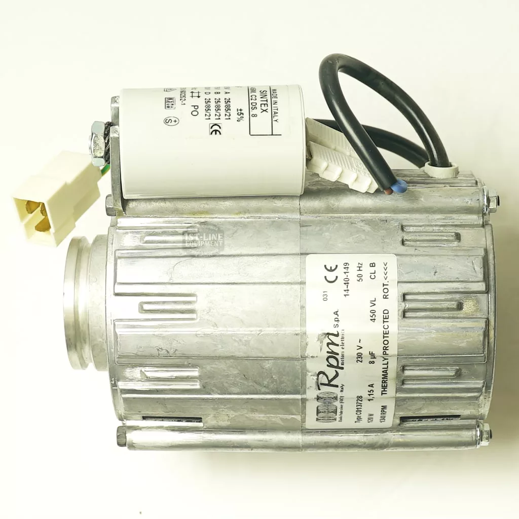 A Wega W80151 230V 120W START MOTOR in silver features a white top-mounted capacitor, black and blue wires, and a white connector. Specs are labeled on the casing; the item is shown against a light background. © 2025 1st-line.com