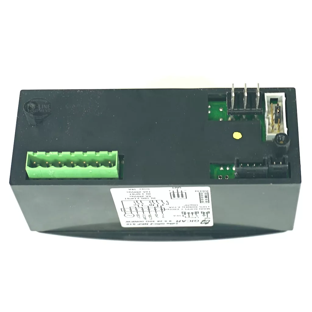 An angled top view shows the Gicar 9.5.28.30G 5 BUTTON TOUCH PAD: a rectangular black electronic module with green and black terminal connectors, pins, and a white technical label on its surface. © 2025 1st-line.com