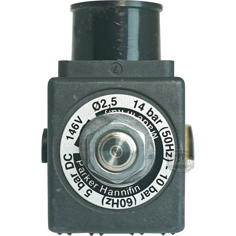 Close-up of a black V.1458 24Vac 9W Parker solenoid valve coil, featuring a central metal bolt and circular label with specs for this 2-way solenoid, including voltage (24Vac), power (9W), pressure (14 bar), and frequency (50/60Hz). © 2025 1st-line.com