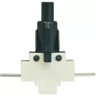 Close-up of a Lelit 9600069 Push Button - Victoria in white and black, featuring two horizontal metallic terminals and a black top push button switch lever. © 2025 1st-line.com