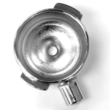Close-up of a Marzocco Portafilter Body with a metallic finish and open center hole, viewed from above on a white background, highlighting its quality design. © 2025 1st-line.com