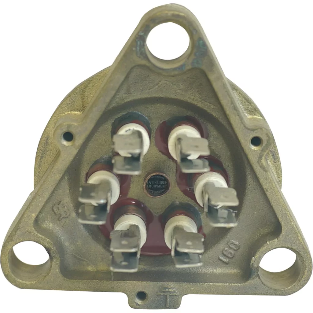 Close-up of a triangular metal electrical connector with six pin terminals and three mounting holes for the Rancilio 2GR HEATING ELEMENT 2700W/110V, commonly used in rugged industrial applications. © 2025 1st-line.com